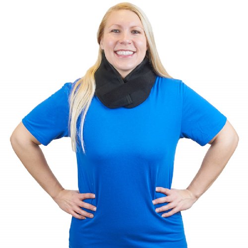 A woman wearing a Moist Heat Neck and Upper Spine Wrap around her neck