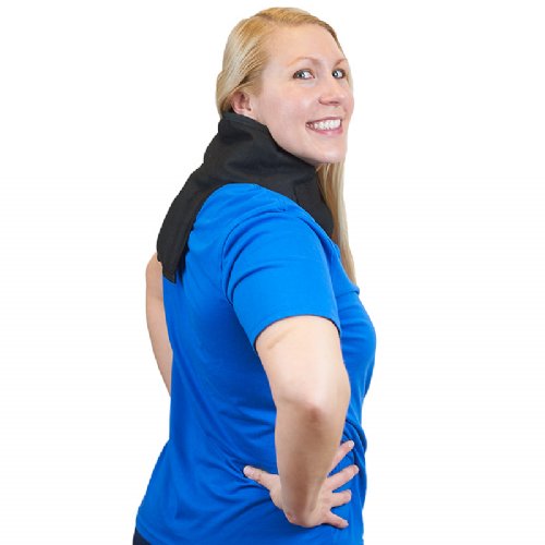 A woman wearing a Moist Heat Neck and Upper Spine Wrap shown going down her back