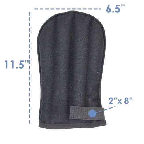 A moist heat hand and wrist coverage mitt by itself showing its dimensions