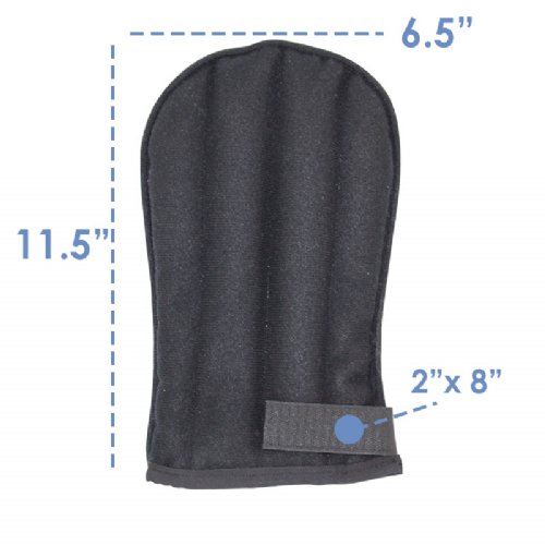 A moist heat hand and wrist coverage mitt by itself showing its dimensions