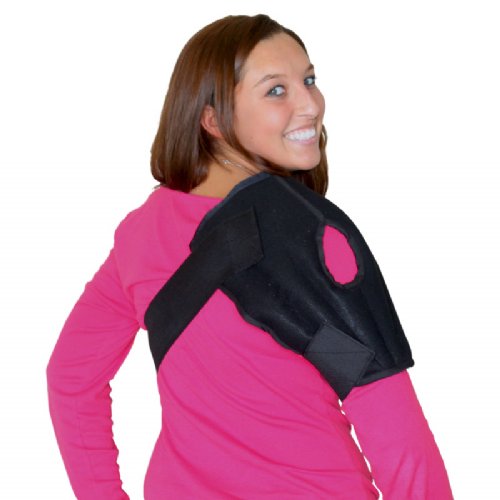 A woman wearing a Moist Heat Shoulder Wrap on her shoulder