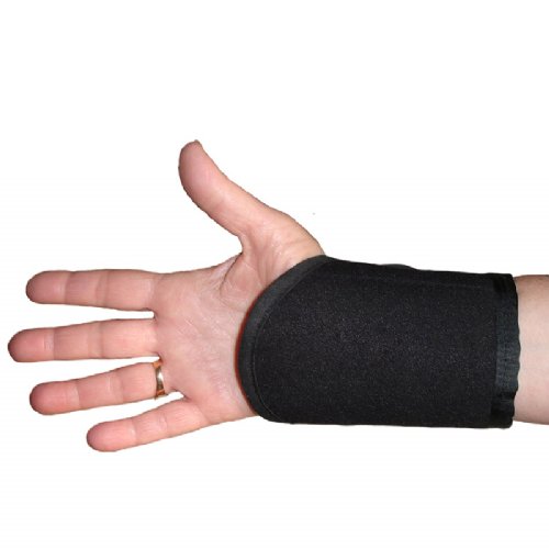 a moist heat therapy wrist and hand wrap on a wrist 