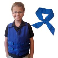 Boy wearing blue Cool Kids adjustable cooling vest with Cool Kids neck wrap