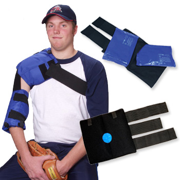 Man wearing a Soft Ice shoulder and elbow compression wrap with universal joint compression wrap and knee compression wrap