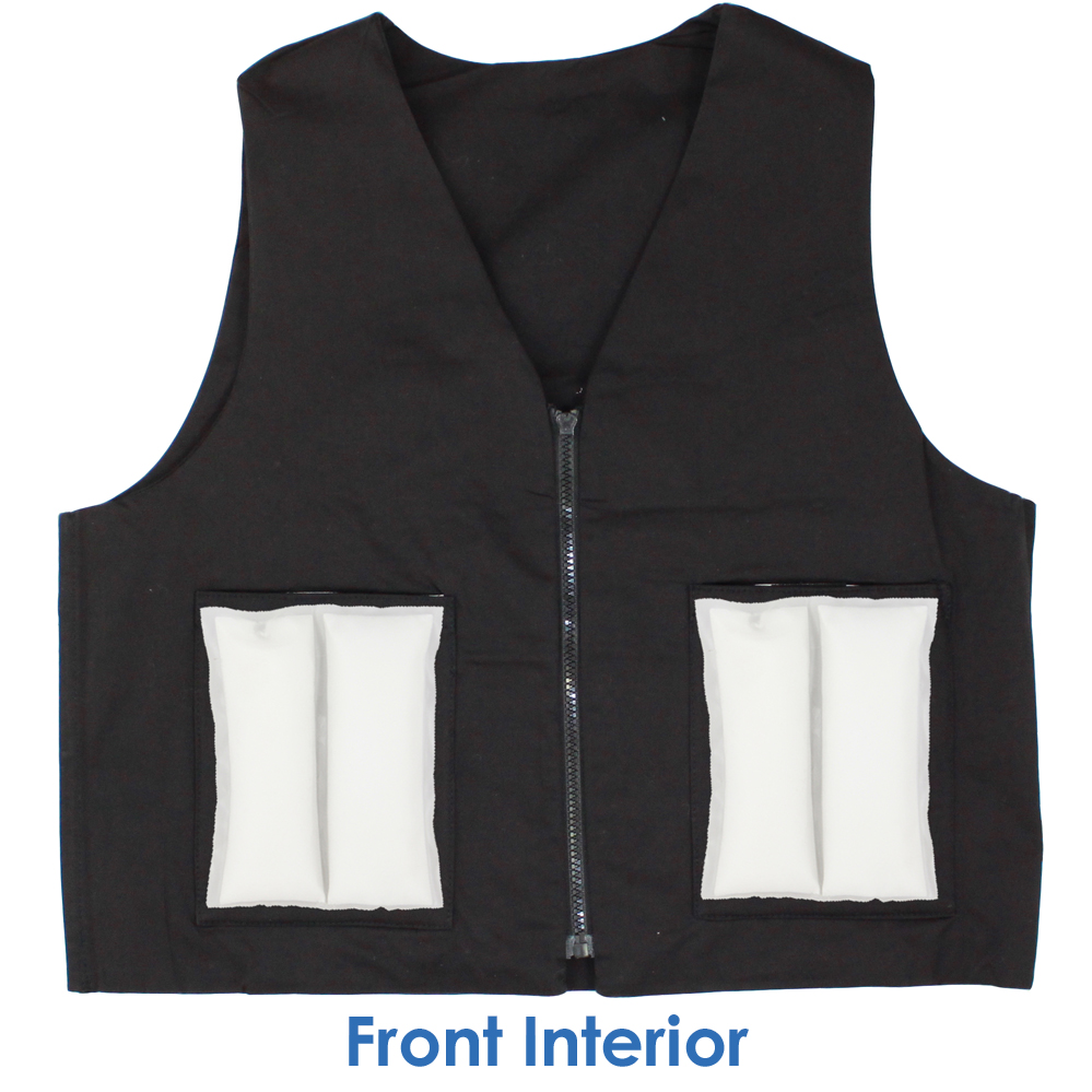 Front interior of Cool58 women's fashion vest with two pack pockets and two 4.5 x 6 inch Cool58 phase change cooling packs