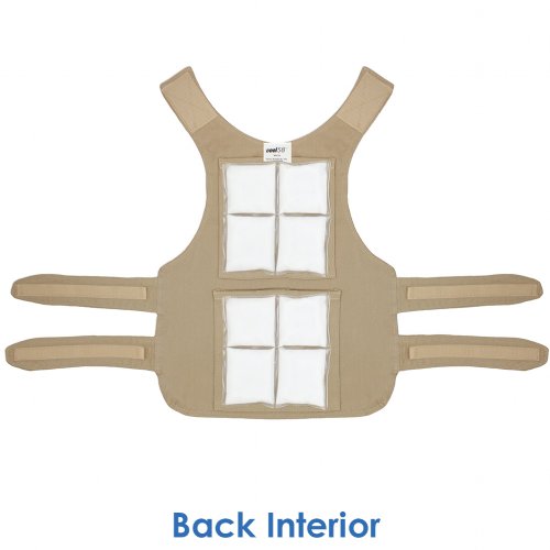 Back interior of a Cool58 Cool Kids vest with two pack pockets and two Cool58 6 x 6 inch phase change cooling packs