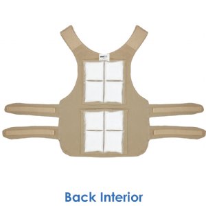 Back interior of a Cool58 Cool Kids vest with two pack pockets and two Cool58 6 x 6 inch phase change cooling packs