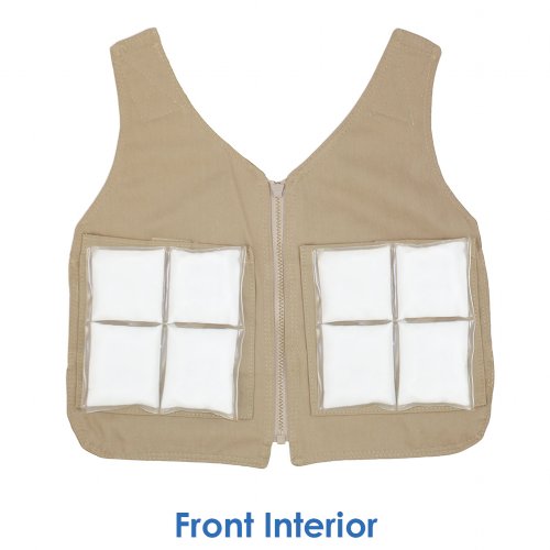 Front interior of a Cool58 Cool Kids vest with two pack pockets and two Cool58 6 x 6 inch phase change cooling packs