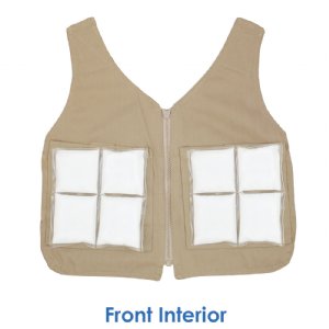 Front interior of a Cool58 Cool Kids vest with two pack pockets and two Cool58 6 x 6 inch phase change cooling packs