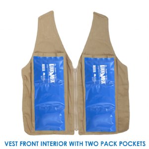 Front interior of a Kool Max adjustable cooling vest with two pack pockets and two Kool Max 6 x 15 inch cooling strip packs
