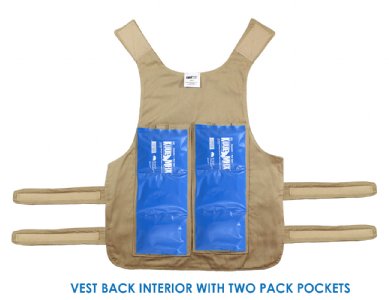 Back interior of a Kool Max adjustable cooling vest with two pack pockets and two Kool Max 6 x 15 inch cooling strip packs