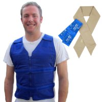 Man wearing a blue Kool Max adjustable zipper front cooling vest with deluxe neck tie