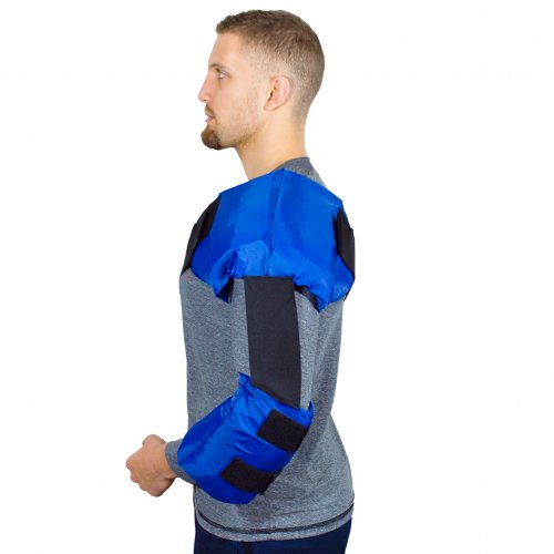 man wearing shoulder neck pain hot and cold ice compression wrap