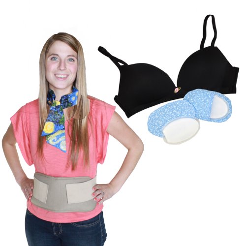 Girl wearing secrets torso vest and starry night scarf a bra and bra coolers are to her left