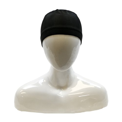 A young woman is standing upright wearing an Active Ice3.0 Cold Water Therapy Head Cap System the Head Cap is connected to the tubing of a 15 quart reservoir the reservoir's handle is fully extended 