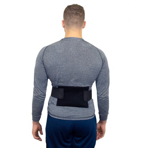instant gel sports flexible hot and cold ice lumbar wrap worn on atheletic man 