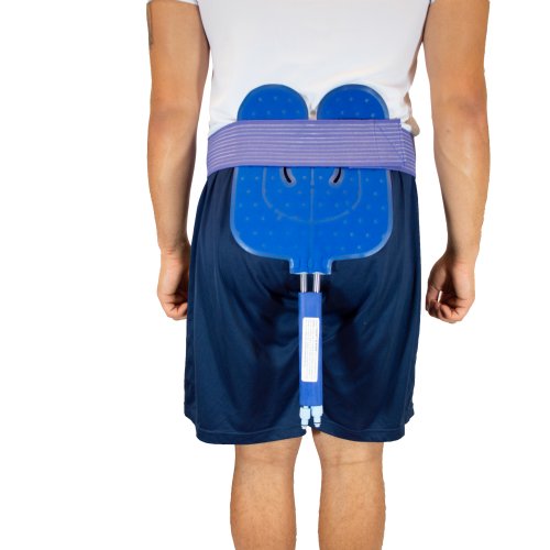 A 3 x 44 Elastic Belt is shown securing a Universal Bladder on a man's back