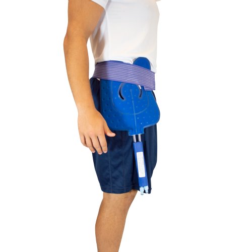 A 3 x 44 Elastic Belt is shown securing a Universal Bladder on a man's hip