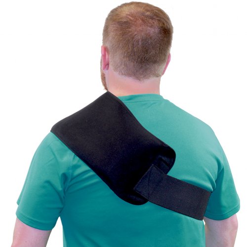 shoulder hot and cold gel ice compression therapy wrap worn on atheletic man